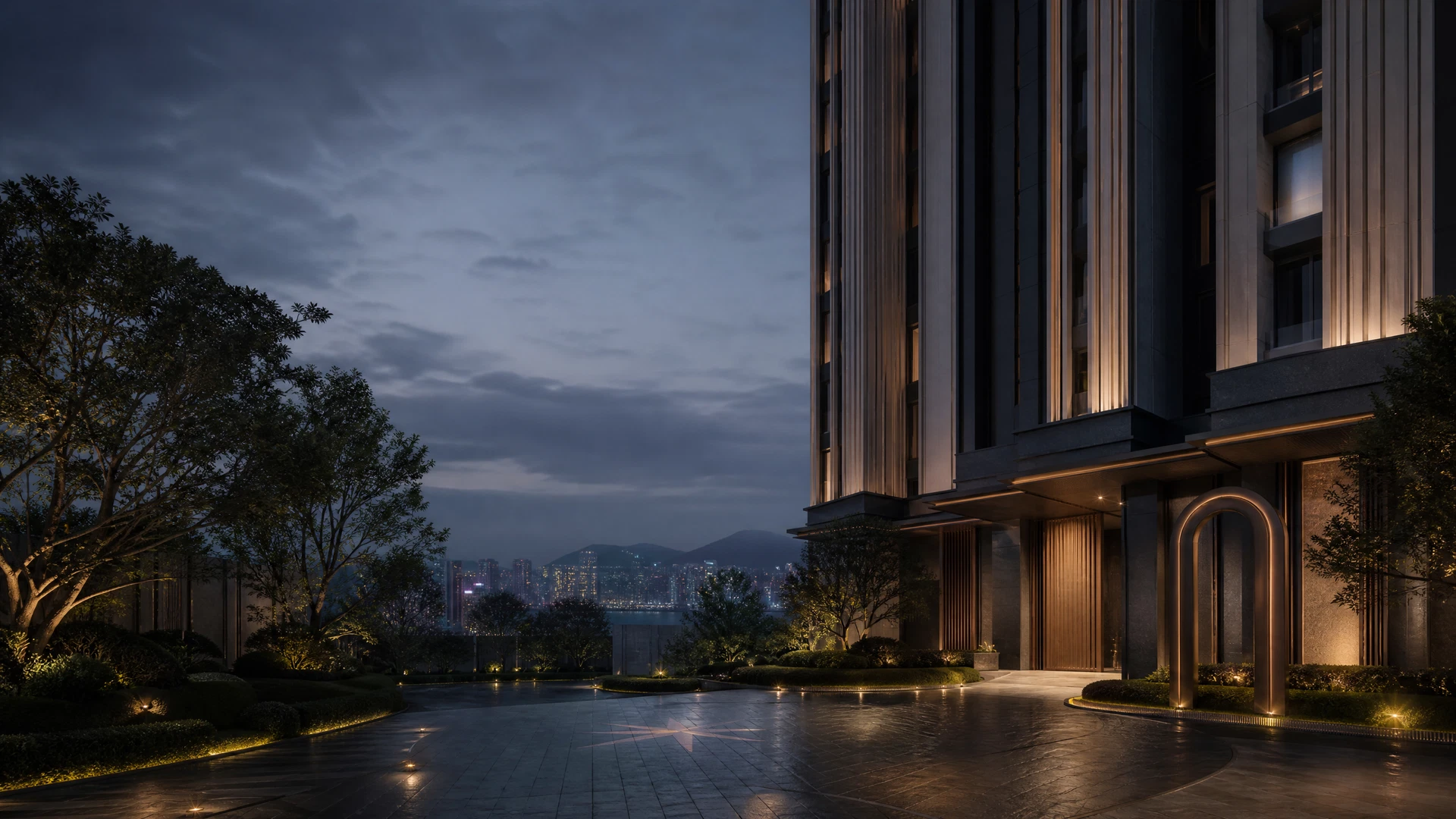 原創概念圖：深色玻璃及古銅線條的 UNI Residence 精品住宅入口